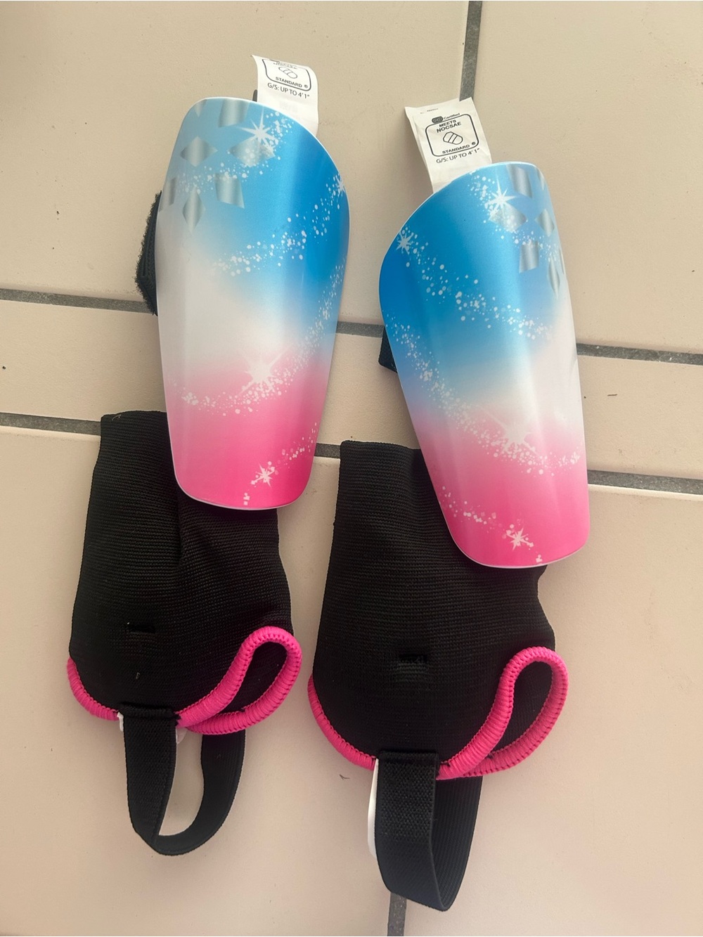 Youth Gradient Pink and Blue Shin Guards with Black Ankle Sleeves